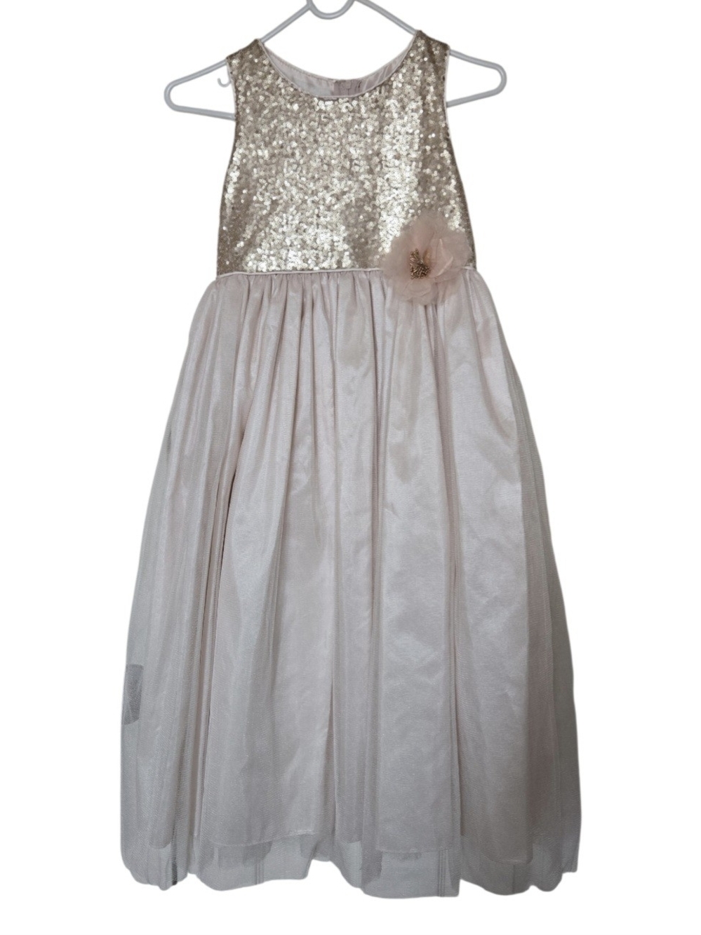 Champaigne and Gold Sequin with Pink Flower Girls Dress